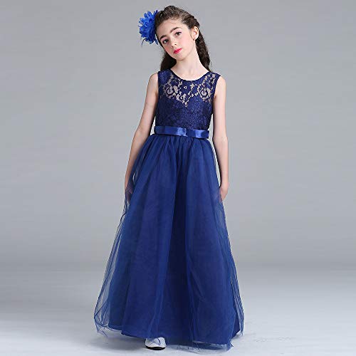Acecharming Girls Lace Bridesmaid Wedding Dress with Bowknot Princess Prom Party Tulle Gown for 9-10 Year (Navy Blue) - Thumbnail 2
