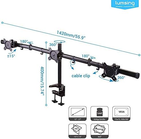 Lumsing Triple Arm LCD LED Computer Screen Monitor Desk Mount Bracket Stand for 15"-27" Screens VESA 75x75mm 100x100mm with C-Clamp