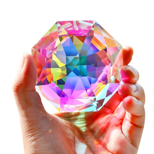 3inch Rainbow Prism Suncatcher for Window AB Colored Large Crystal Octagonal Beads Sun Catcher Prisms Rainbow Maker Hanging Crystals Glass Ball Hanging Ornaments Indoor Outdoor Hanging Decor