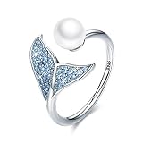 FOREVER QUEEN Mermaid Tail Ring, S925 Sterling Silver Dolphin Tail Adjustable Finger Ring for Women Girls Open Ring with Blue Cubic Zirconia& Shell Pearl