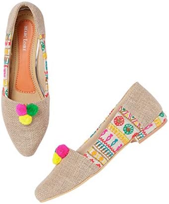 Women Ethnic Bellies & Belly Shoes, Girls Bellies, Ethnic Pom Pom Flats Slip On Ballerinas with Resin Sole - Synthetic