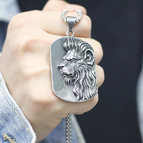 Zoesky Stainless Steel Vintage Convex King Lion Head Men Women Fashion Military Army Style Dog Tag Pendant Necklace, 24\'\' Stainless Steel Chain