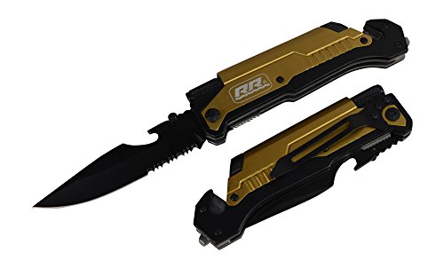 NEW Rogue River Tactical Knives Gold Multitool Survival Pocket Knife with Flint Fire Starter Flashlight Bottle Opener Seat Belt Cutter and Windows Breaker (Gold)