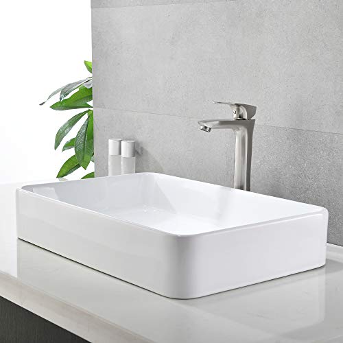 Bokaiya 24" Bathroom Vessel Sink and Faucet Combo Bathroom Rectangular White Ceramic Porcelain Counter Top Vanity Bowl Sink & Brushed Nickel Faucet and Pop-up Drain Combo