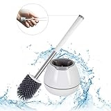 BOOMJOY Toilet Brush and Holder Set, Silicone Bristles Bathroom Cleaning Bowl Brush Kit with Tweezers - White