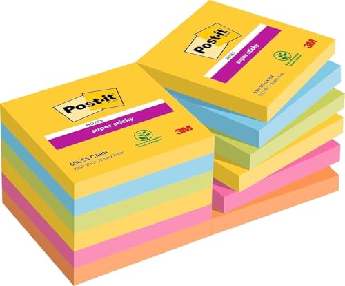 Notes Autocollantes Super Sticky, Couleurs Carnival, Pack de 12 Blocs, 90 Feuilles par Bloc, 76 mm x 76 mm - Feuillets Super Adhésifs pour Prise de Notes, Listes de Tâches et Rappels