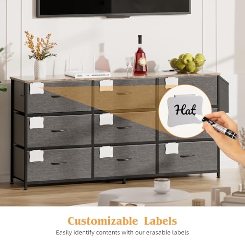 PURFINO Fabric Chest of Drawers - Large TV Stand for 43-65 Inch with 9 Drawers, Label Cards, Side Pocket and Hook, Dresser for Living Room, Hallway, Bedroom