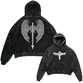 Dynict Unisex Y2K Aicd Wash Gothic Graphic Hoodies Oversize Grunge Skull Wing Print Sweatshirt Casual Fit Pullover
