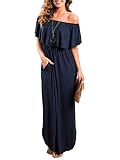 Choies Women's Off Shoulder Ruffle Maxi Dress Side Split Pockets Long Dress,Navy,X-Large