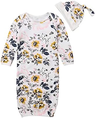 Newborn Infant Baby Floral Tie Nightgowns Hat Outfits, Sleep Bag Coming Home Sleepwear Sleeper Gown Swaddle Outfits