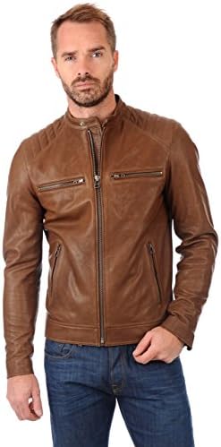 Fab Leather Men's Lambskin Leather Original Leather Bomber Biker Jacket Small Brown