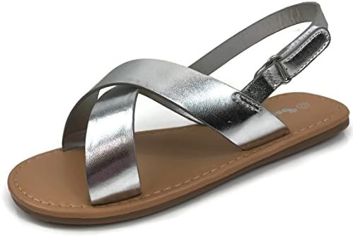 Osito Collection Kids SEZ Criss Cross Toe Strap Ankle Strap Flat Sandals Summer Silver 9