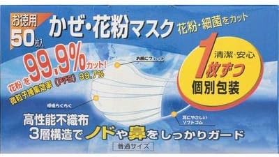 Japan Facemask - One by one wind-pollen disposable mask value pack mask 50 pieces of individually wrapped (175mm × 95mm)AF27