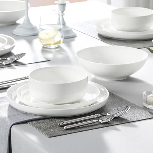 Geschirrset 6 Personen, LUNA 24-tlg Tafelservice aus Weißem Porzellan, Modernes Geschirr Set mit je 6 Speiseteller, Dessertteller, Suppenteller und Müslischalen