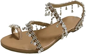 Sonnena Sandals,Women's Summer Boho Flat Peep-Toe Flip Flops Rhinestone Beaded Shoes with Ankle-Strap