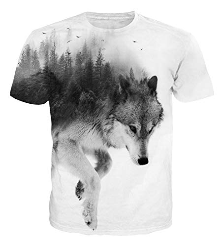 Mens Lone Wolf Printed T-Shirt Cool Graphic Short Sleeve Tees White XXL