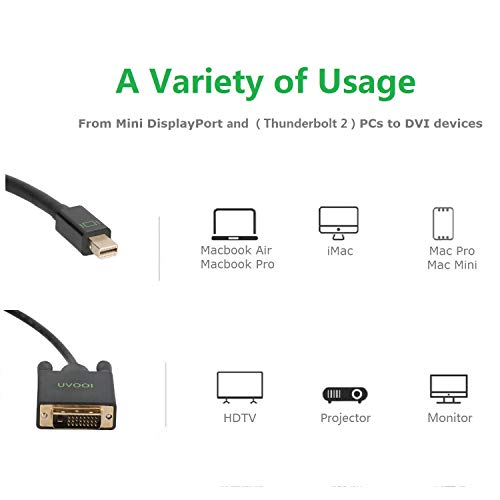 Mini DisplayPort to DVI Cable 10 Feet, UVOOI Thunderbolt 2 to DVI Cable Adapter Compatible MacBook, Surface Pro, MacBook Pro, iMac, MacBook Air, Mac Mini etc Black
