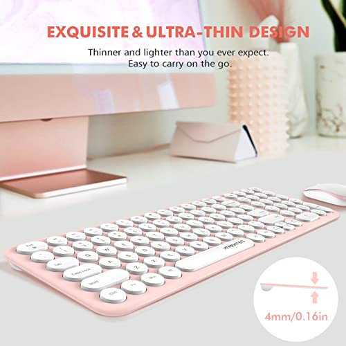 Wireless Keyboard and Mouse Combo, XTREMTEC Cute Keyboard Pink Retro Round Keycap, Ultra Thin Quiet 2.4GHz Retro Kawaii Keyboard for Mac/PC/Laptop (Sakura Pink)