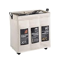 BENOSS Laundry Hamper 3 Section with Wheels Collapsible Waterproof Laundry Sorter Cart with Brake & Breathable Mesh Cover 21.6"x 13.8"x 23.6"(Beige)