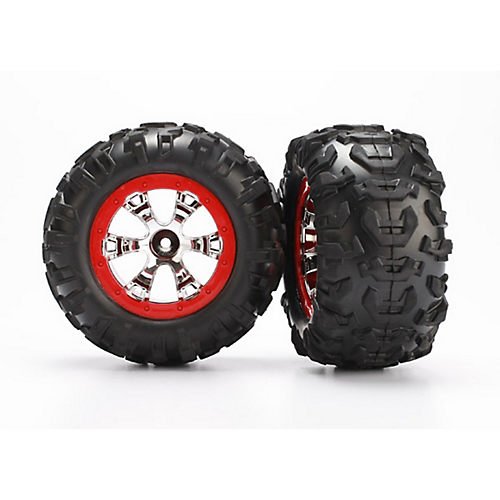 Traxxas 7272 1/16th Scale Canyon AT Tires Pre-Glued on Chrome, Geode Wheels, Red Beadlock-style (pair)