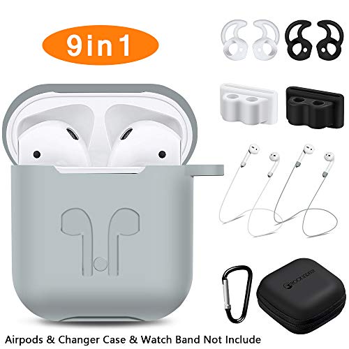 AirPods Case, Rockindeer 9 in 1 AirPods Accessories Set Protective Silicone Cover Skin Compatible Apple AirPods Charging Case with Watch Band Holder/Ear Hook/Keychain/Strap/Carrying Box (Gray)