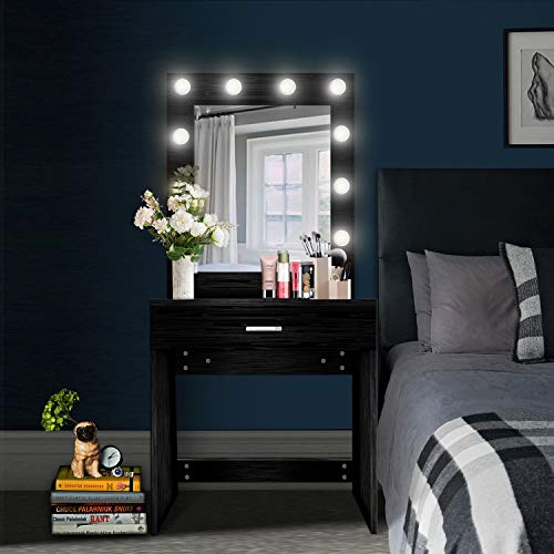 US Shipping Vanity Set with Lighted Mirror, YEEGO Makeup Vanity Dressing Table Dresser Writing Desk with Drawer for Bedroom Easy Assembly, Black(10PCS Cool LED Bulbs) - Thumbnail 6