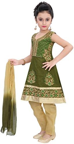 Krishna Sarees Girls Indian Bollywood Ethnic Designer Party Dress Age 3-9 Years Girl's Churidar Suit/Girls Salwar Kameez GCS19084 Green and Gold Girl's Churidar Suit