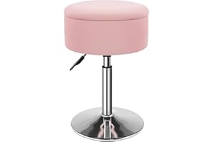 KKTONER Velvet Round Vanity Stool with Storage Height Adjustable Makeup Chair with Swivel Base Non-Slip Small Vanity Stool for Spa Salon Dressing Room Bedroom (Pink)