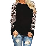 Women's Long Sleeve Leopard Print Patchwork T-Shirt Blouse Ladies T-Shirt Oversize Tops (Black, M)