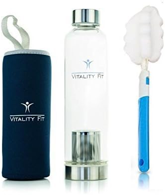 Vitality Fit- Stylish & Premium Quality Borosilicate Reusable Glass Tea/Fruit Infuser Bottle with Stainless Steel Lid and Colourful Nylon Sleeve - BPA Free Non-Leaching Seal - 18.5 Oz (Blue)