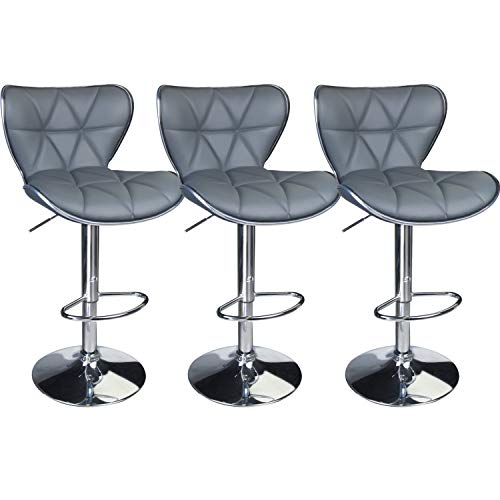 ErgoDesign Shell Back Adjustable Swivel Bar Stools, PU Leather Padded with Back, Set of 3 (Grey