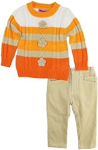 Titicos Babies Baby Girls Pastel Floral Stripes Cardigan Sweater 2Pc Pant Set, Orange, 6-12 Months