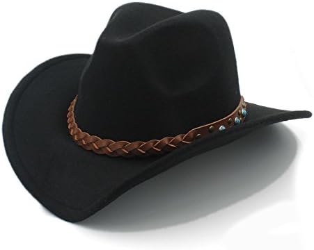 LUCKYLIANJI Unisex Wool Felt Western Cowboy Hat For Womem Men Wide Brim Cowgirl Braid Leather Band (Black)