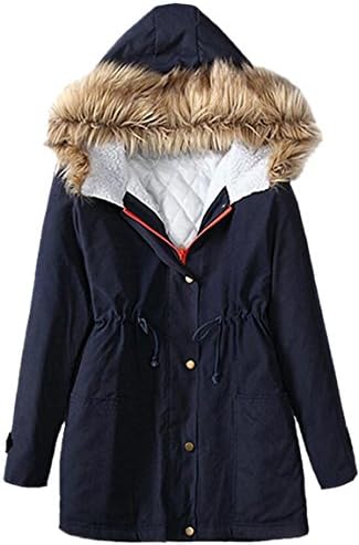 Ptyhk RG Women's Winter Warm Faux Fur Collar Hooded Coat Faux Fur Liner Parka Coat Blue M