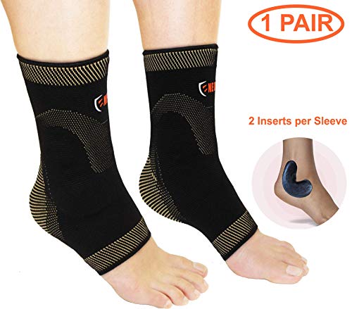 NeoAlly Ankle Support Sleeves Bone Protector Dual Silicone Gel Inserts Copper Compression for Plantar Fasciitis Achilles Tendon Heel Spur Foot Sprain Swelling Pain Relief (Pair)