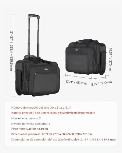 Maleta para Ordenador Portátil de hasta 17,3 Pulgadas, Bolso de Mano con 2 Ruedas Fijas y un Asa Telescópica con 4 Alturas Ajustables para Trabajo, Oficina, Viajes de Negocios, Color Negro