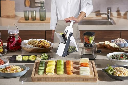 Depets 5 in 1 Mandolin Vertical, Safe Mandolin Chopper, Food Slicer, Slicer, Cuts into Strips, Julienne and Cubes, Adjustable Thickness from 1-8mm