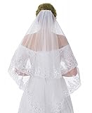 WDING 2 Tier Lace Sequins Appliqued Edge Bridal Wedding Veil Fingertip Length 35