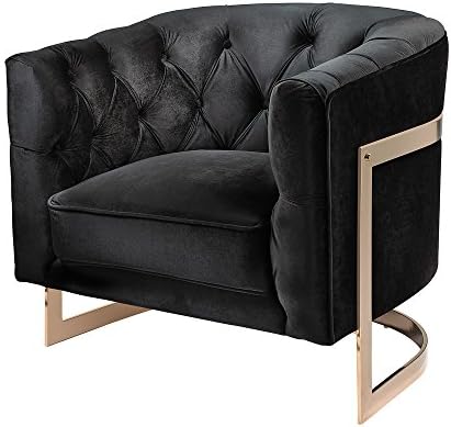 Uptown Club GM1503 Valentina Collection Contemporary Velvet Upholstered Accent Chair with Tufting and Steel Legs, Large, Black/Gold