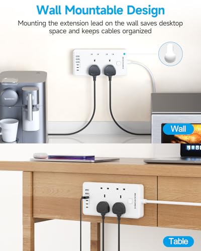 Extension Lead with 6 USB Slots (3 USB C), 4 Way Surge Protected Extension Lead 1.5M with Switch, Wall Mounted Multi Plug Power Strip for Home Bedroom Kitchen Office, White