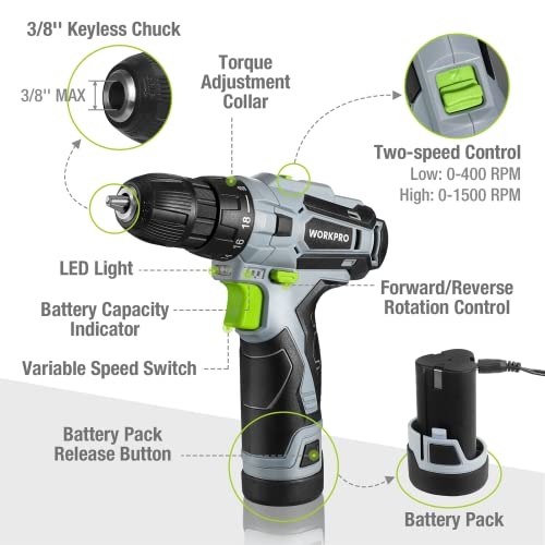 WORKPRO Cordless Drill Driver Kit, 12V Electric Screwdriver Driver Tool