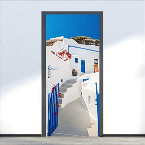LJLQ 3D Door Sticker Mural Decal Waterproof PVC Self-Adhesive Wallpaper for Livingroom Bedroom Home Art Decor, Greek White Architecture, 80X200Cm