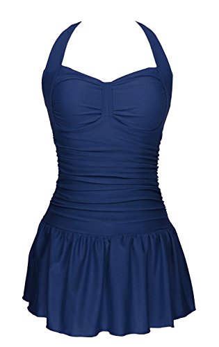 Women's One Piece Ruched Pushup Halter Swimdress Slimming Tummy Control Swimsuit