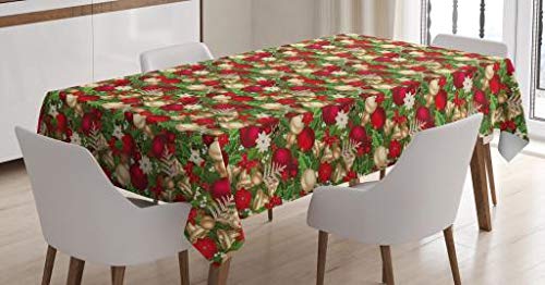 ABAKUHAUS Christmas Tablecloth, Tree Branches Spruce Leaves Balls Bells Cones Poinsettia Flowers Mistletoe Berry, Dining Room Kitchen Table Cover, 54" x 78", Red Green Beige — image 1
