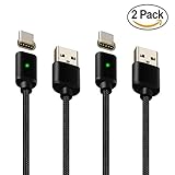 Magnetic USB Type C Cable,WOPOW 6.6Ft (2-PACK) USB C Cable with LED Light Nylon Braided USB C to A Charger Cord for Nexus 6P 5X,LG G6 V20 G5,Google Pixel,Samsung Galaxy Note 8 S8 S9 - Black
