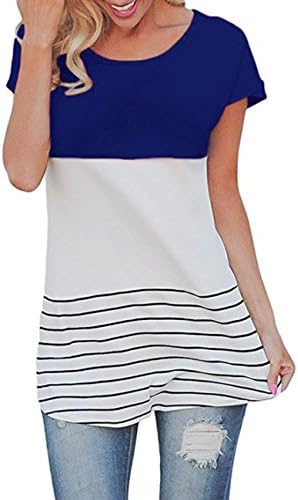 FSOOG Women's Back Lace Tops Color Block Short Crewneck Patchwork Sleeve T-shirt Tunics Blouse S Blue