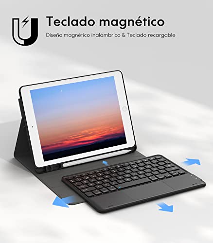 Earto Keyboard Case for iPad 10.2" 9th/8th/7th Generation (2021/2020/2019), 2 Bluetooth Channels, Detachable Bluetooth Keyboard, Spanish Keyboard with Smart Touchpad (Ñ Key), Black