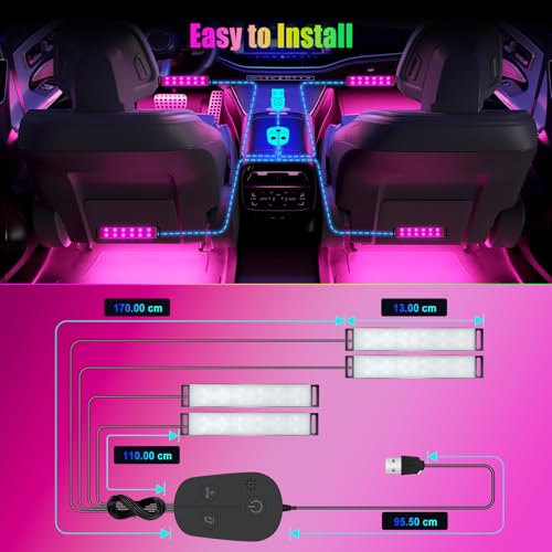 YiLaie LED Car Interior Lights, RGB Atmosphere Light with App Control and 16 Million Colors, USB Port, Music Mode, Color Memory, Car Accessories, Lighting Kit