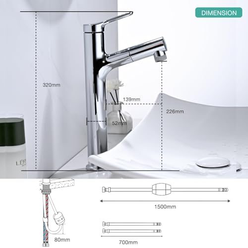Tall Bathroom Faucet with 2 Modes Pull-Out Shower, DETBOM Basin Mixer, Single Lever Taps, Suitable for Countertop Washbasin, Removable Aerator, Hot/Cold Water, Lead-free, Chrome
