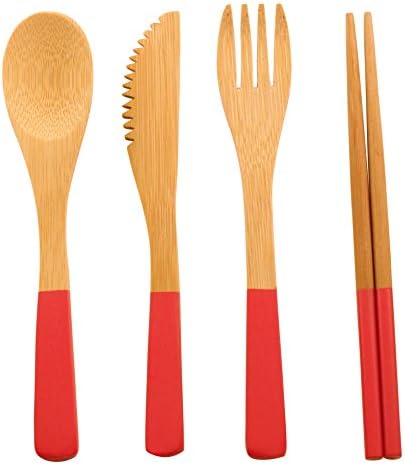 Bamboo Flatware Cutlery Set To Go - Red - Eco Friendly - 4 Piece: Fork, Knife, Spoon &amp; Chopsticks - For Travel, Camping, Hiking and Picnics